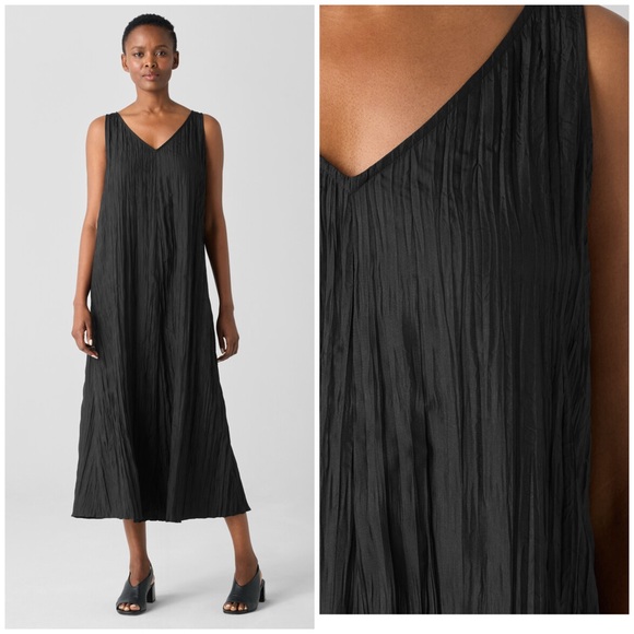 Eileen Fisher Dresses & Skirts - Eileen Fisher Crushed Silk V-Neck Midi Dress in Black Size S NWT